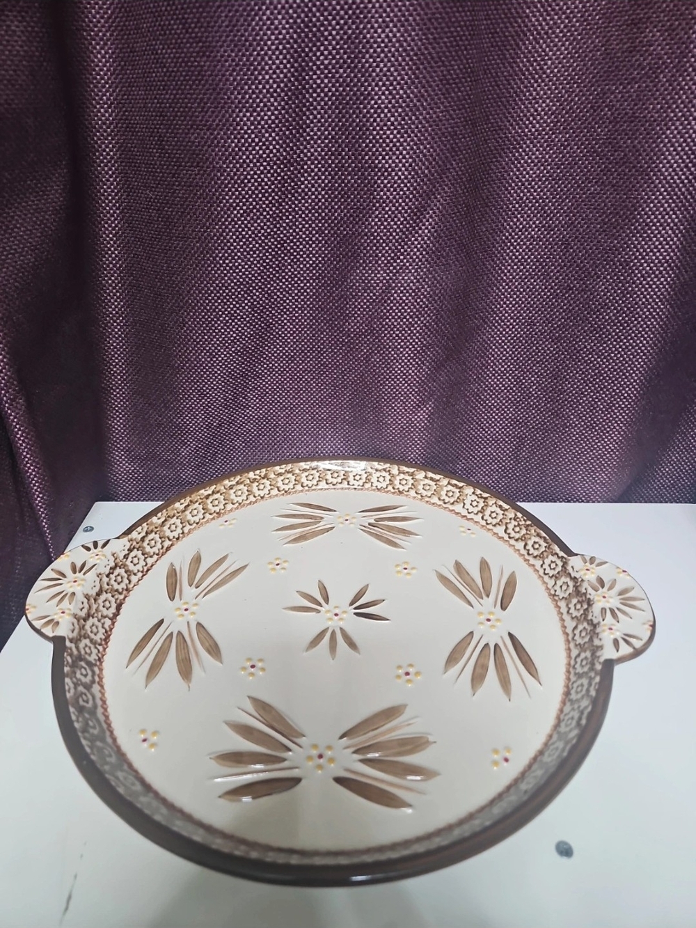 Temp-Tations Brown and Cream Floral Ceramic Serving Tray with Handles